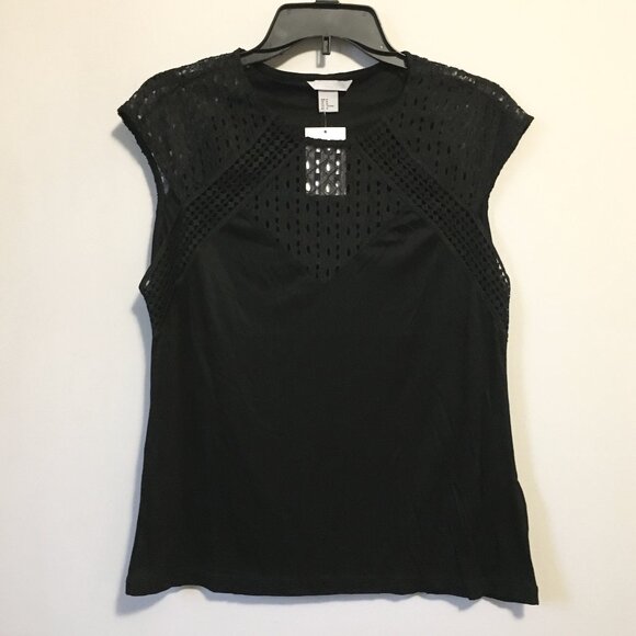NWT H&M Black Lace Topped Crew Neck Cap SleeveTop - Picture 1 of 14